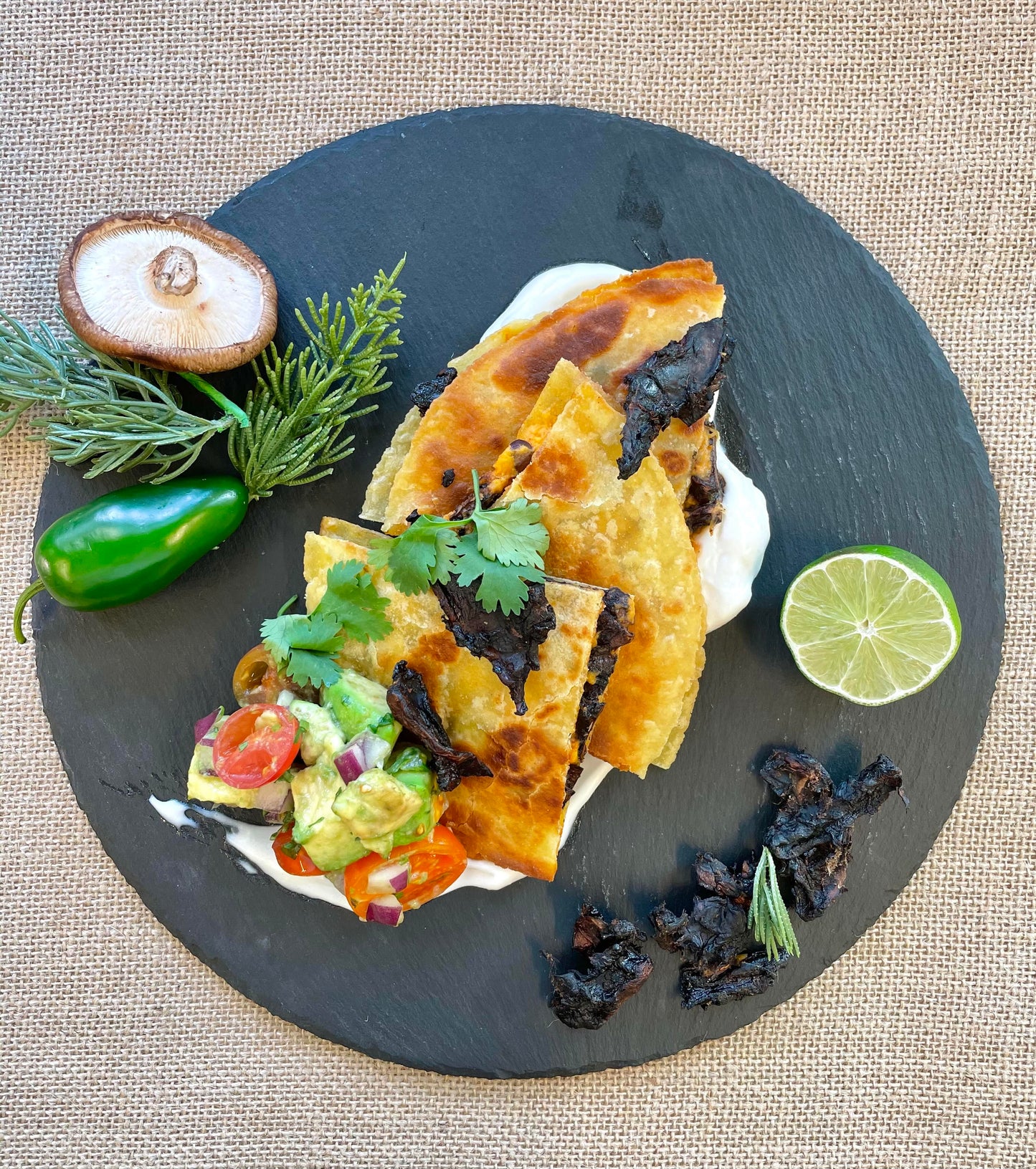 Mushroom Quesadilla with Avocado Tomato Salsa and Sour Cream