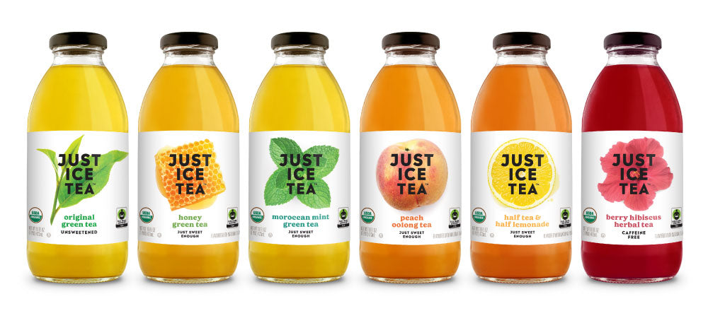 Front view of six Just Ice Tea bottles showcasing assorted tea flavors on a white background