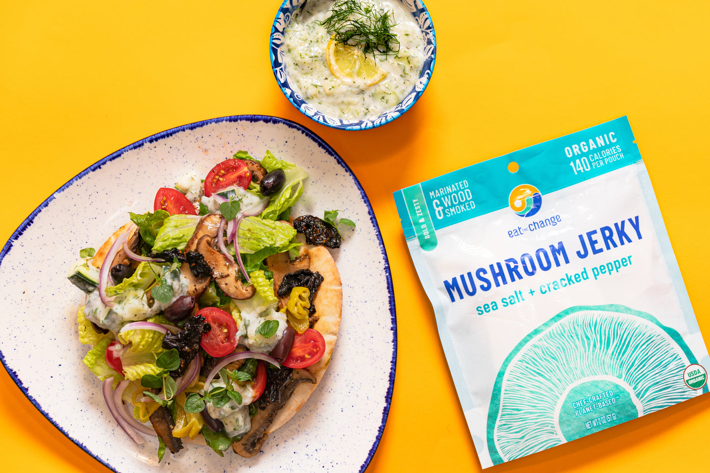 Mushroom Jerky Souvlaki with Tzatziki